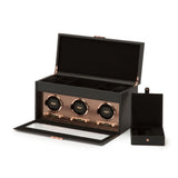 WOLF Axis Triple Watch Winder with Storage in Copper, item 469416, shown with its travel case. The case lifts out for taking a watch away.