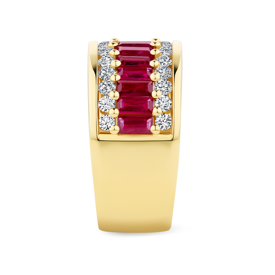 Baguette Statement Ruby and 0.80 Carat Diamond Ring in 18ct Yellow Gold