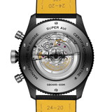 Breitling Super AVI B04 Chronograph GMT 46mm Watch SB04451A1B1X1 features a screwed-in sapphire crystal case back in titanium, revealing the self-winding Breitling Manufacture Caliber B04 movement. The case back sits within the 46mm black ceramic case, measuring 15.9mm in thickness.