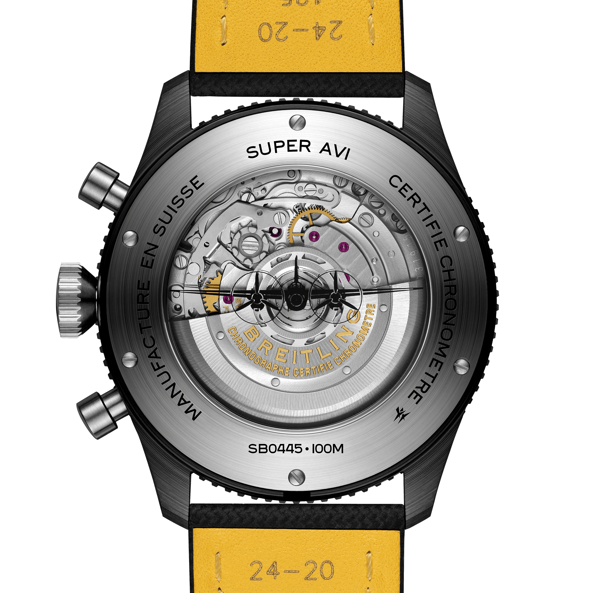 Breitling Super AVI B04 Chronograph GMT 46mm Watch SB04451A1B1X1 features a screwed-in sapphire crystal case back in titanium, revealing the self-winding Breitling Manufacture Caliber B04 movement. The case back sits within the 46mm black ceramic case, measuring 15.9mm in thickness.