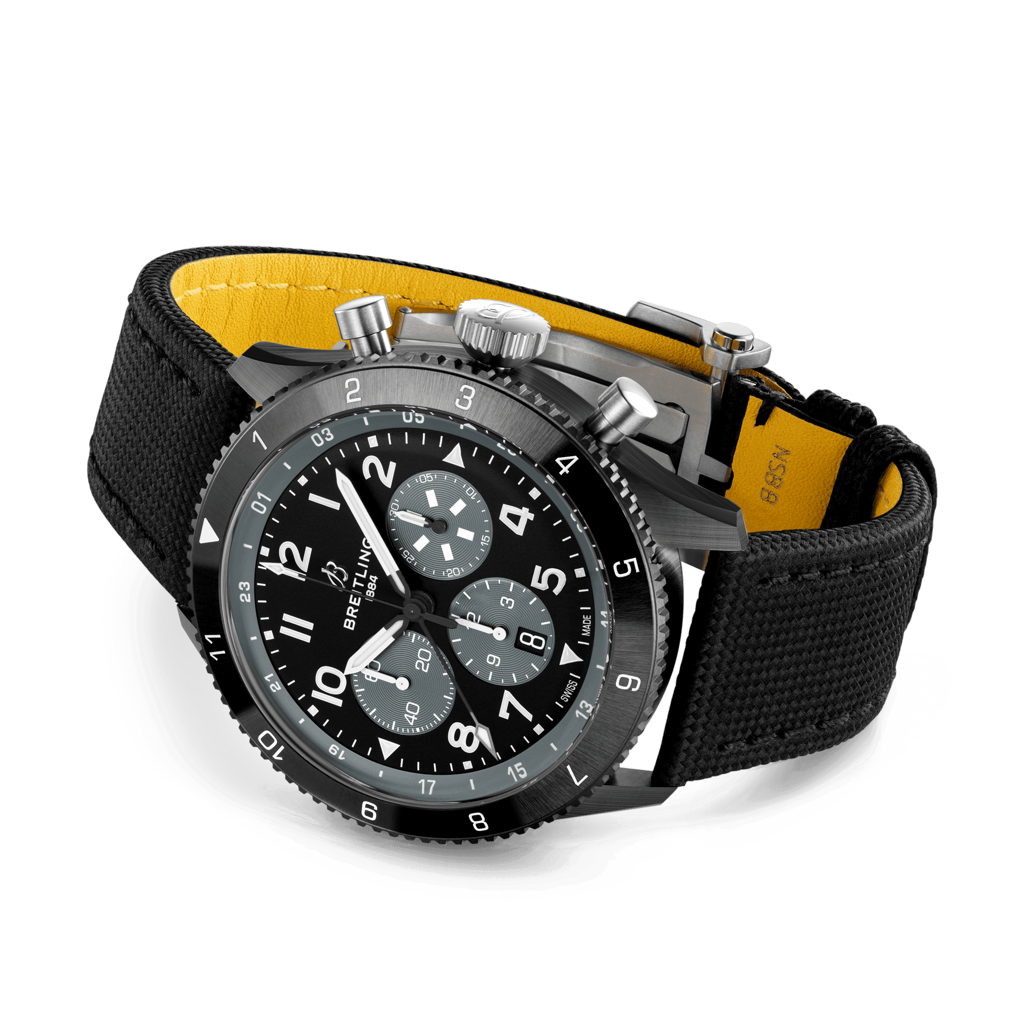 Breitling Super AVI B04 Chronograph GMT 46mm Watch SB04451A1B1X1 reveals the detail of its black military-inspired calfskin leather strap. The titanium folding clasp buckle contrasts against the black ceramic case and strap.