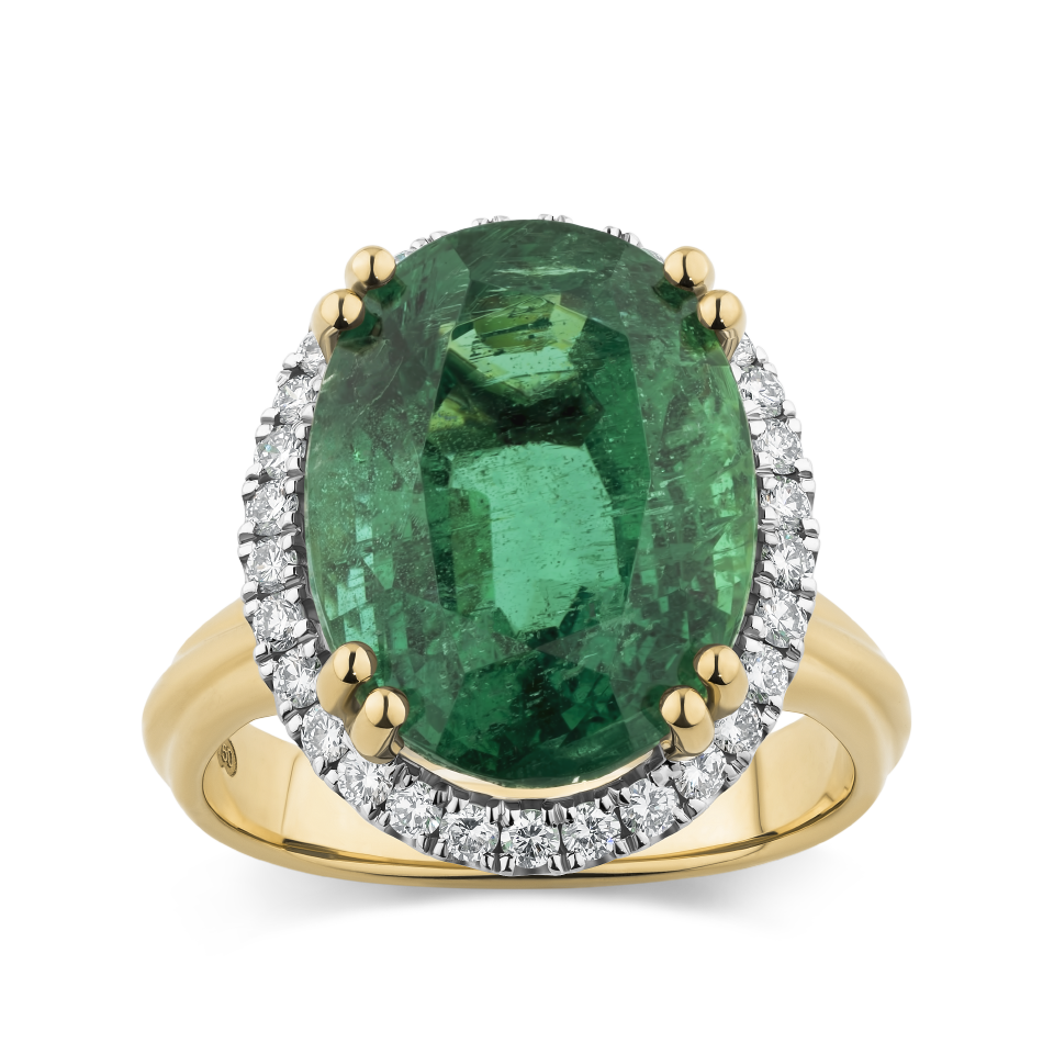 11.58 Carat Emerald and Diamond Halo Ring in 18ct Yellow Gold Hardy Brothers Jewellers