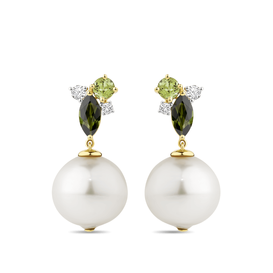 Hardy Brothers Jewellers | Tourmaline Peridot Diamond and Australian South Sea Pearl Drop Earrings in 18ct Yellow Gold