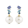 Hardy Brothers Jewellers | Tanzanite Topaz Sapphire and Australian South Sea Pearl Drop Earrings in 18ct Yellow Gold