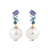 Hardy Brothers Jewellers | Tanzanite Topaz Sapphire and Australian South Sea Pearl Drop Earrings in 18ct Yellow Gold