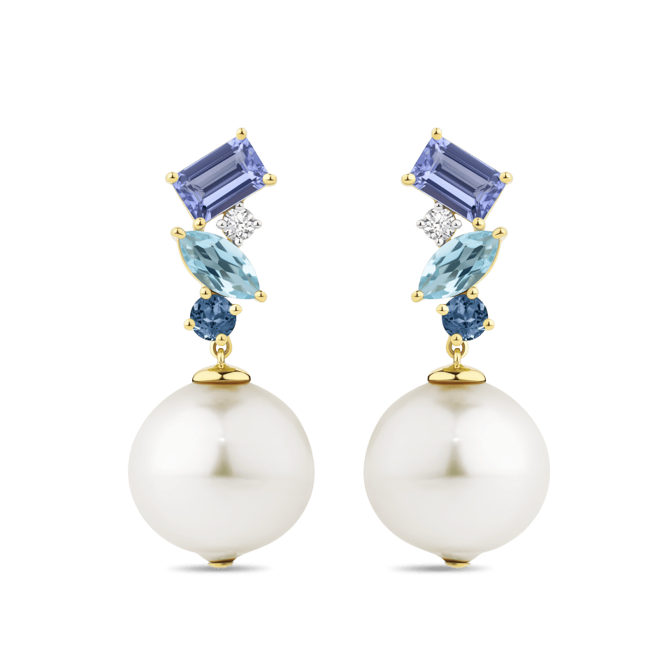 Hardy Brothers Jewellers | Tanzanite Topaz Sapphire and Australian South Sea Pearl Drop Earrings in 18ct Yellow Gold