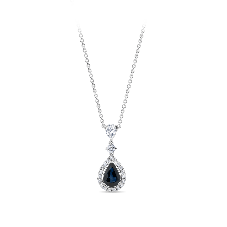 Hardy Brothers Jewellers | Pear Cut Sapphire and Diamond Halo Pendant in 18ct White Gold
