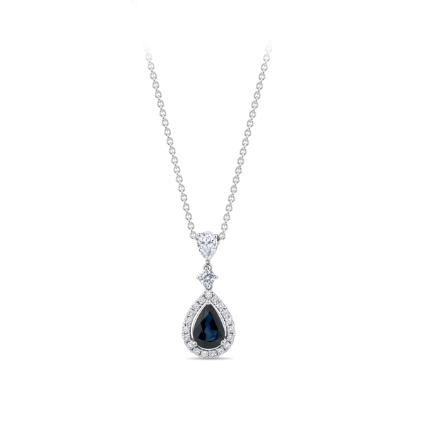 Pear Cut Sapphire and Diamond Halo Pendant in 18ct White Gold Hardy Brothers Jewellers