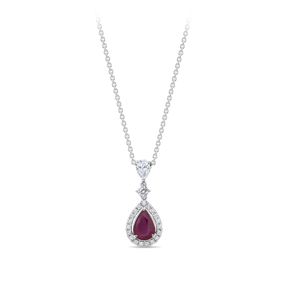 Hardy Brothers Jewellers | Pear Cut Ruby and Diamond Halo Pendant in 18ct White Gold