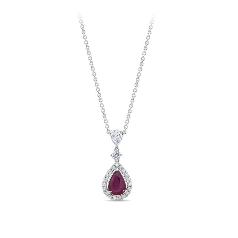 Pear Cut Ruby and Diamond Halo Pendant in 18ct White Gold Hardy Brothers Jewellers