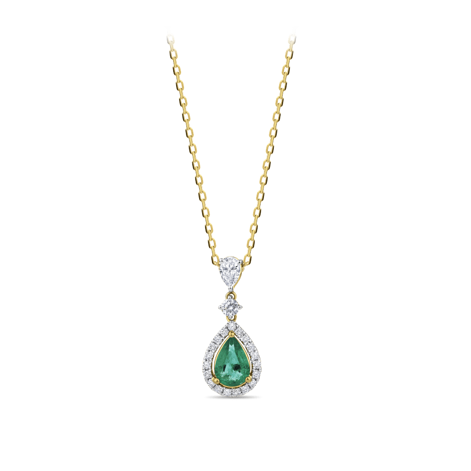 Hardy Brothers Jewellers | Pear Cut Emerald and Diamond Halo Pendant in 18ct Yellow and White Gold