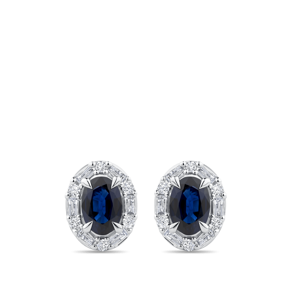 Hardy Brothers Jewellers | Oval Cut Sapphire and Alternating Diamond Stud Earrings in 18ct White Gold