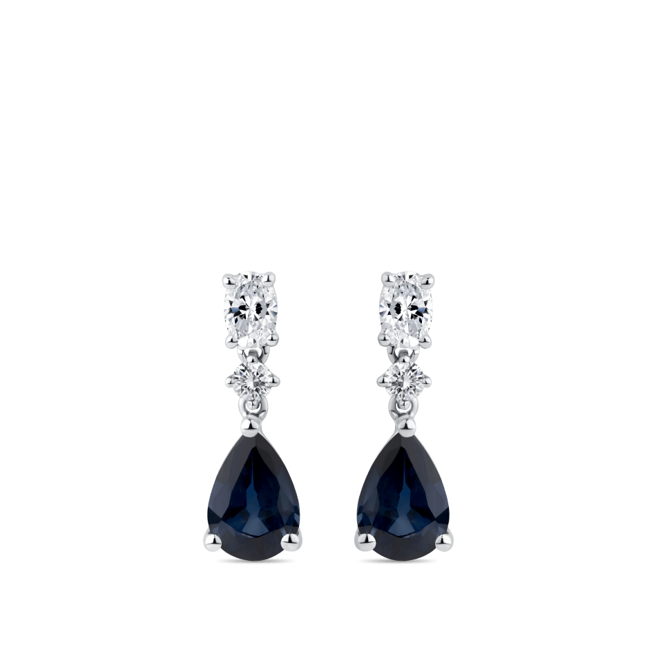 Hardy Brothers Jewellers | Pear Cut Sapphire and Diamond Drop Earrings in 18ct White Gold
