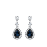 Hardy Brothers Jewellers | Pear Cut Sapphire and Diamond Halo Drop Earrings in 18ct White Gold