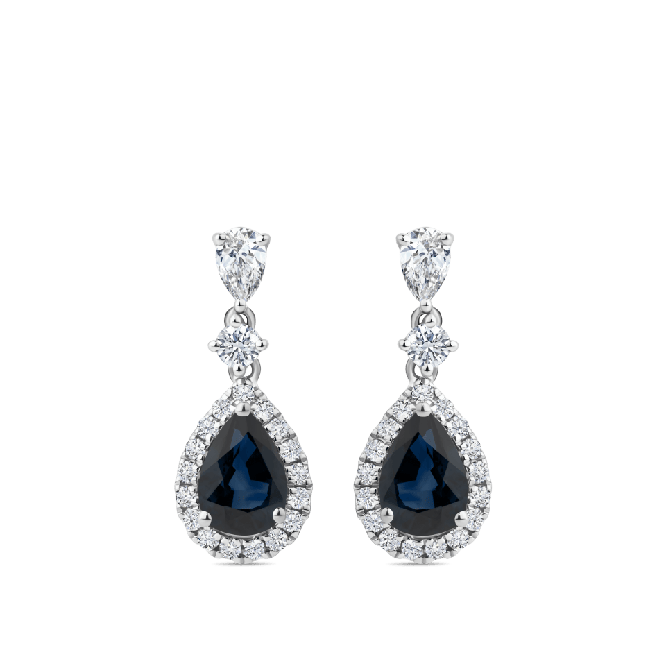 Hardy Brothers Jewellers | Pear Cut Sapphire and Diamond Halo Drop Earrings in 18ct White Gold
