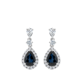Pear Cut Sapphire and Diamond Halo Drop Earrings in 18ct White Gold Hardy Brothers Jewellers