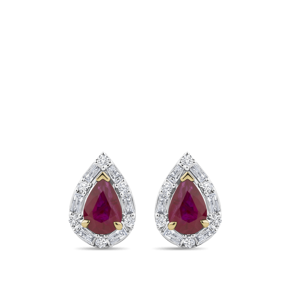 Hardy Brothers Jewellers | Pear Cut Ruby & Alternating Diamond Stud Earrings in 18ct Yellow & White Gold
