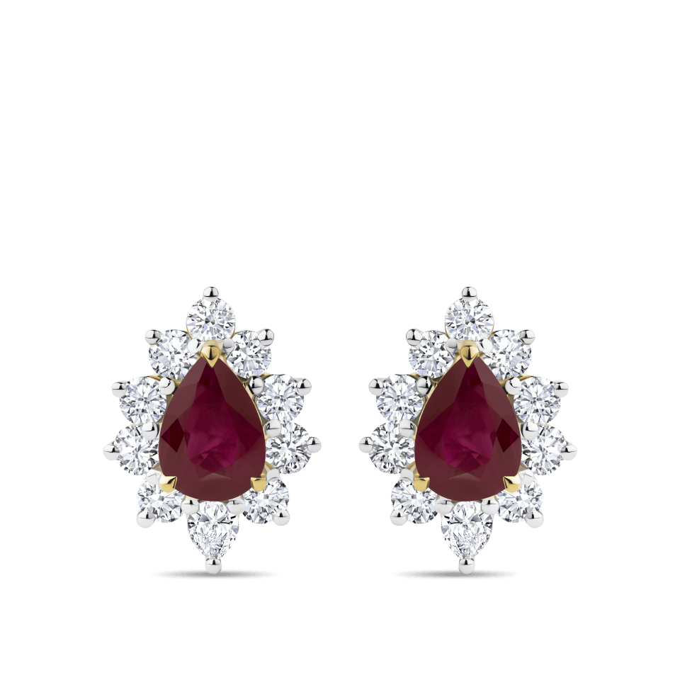 Hardy Brothers Jewellers | Pear Cut Ruby and Diamond Halo Stud Earrings in 18ct Yellow Gold