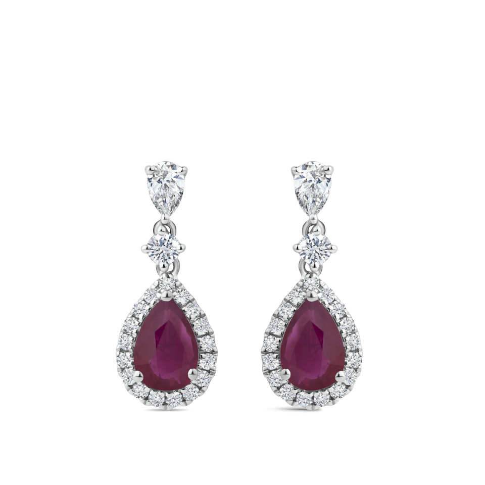 Hardy Brothers Jewellers | Pear Cut Ruby and Diamond Halo Drop Earrings in 18ct White Gold