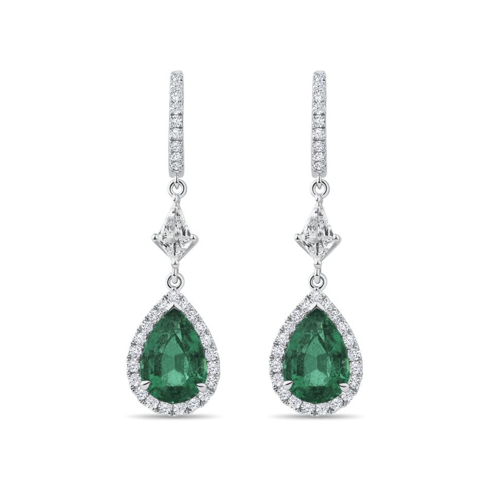 Hardy Brothers Jewellers | Pear Cut Emerald and Diamond Drop Earrings in 18ct White Gold