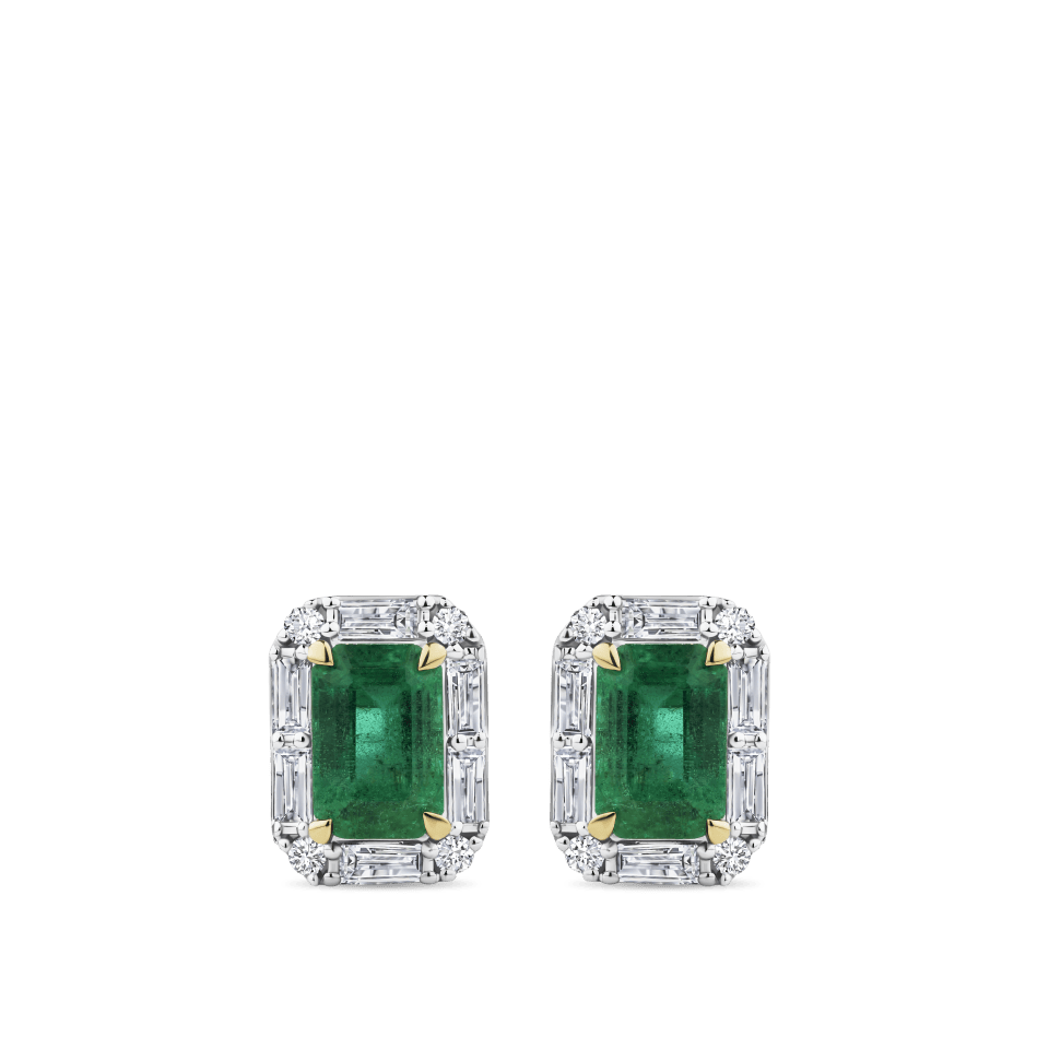 Hardy Brothers Jewellers | Emerald and Alternating Diamond Stud Earrings in 18ct Yellow and White Gold