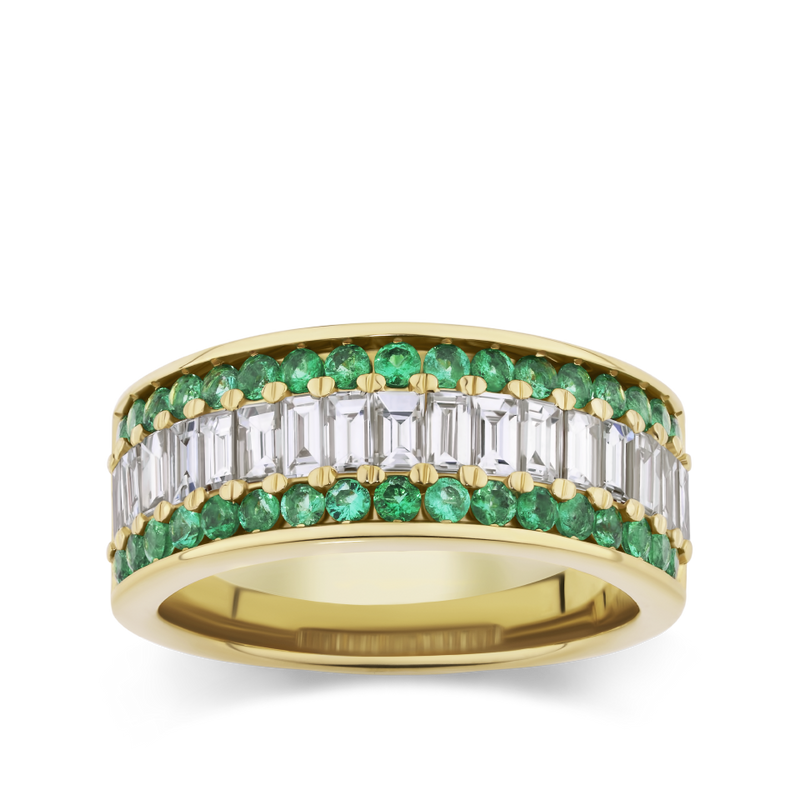Baguette Statement Emerald and Diamond Ring in 18ct Yellow Gold Hardy Brothers Jewellers