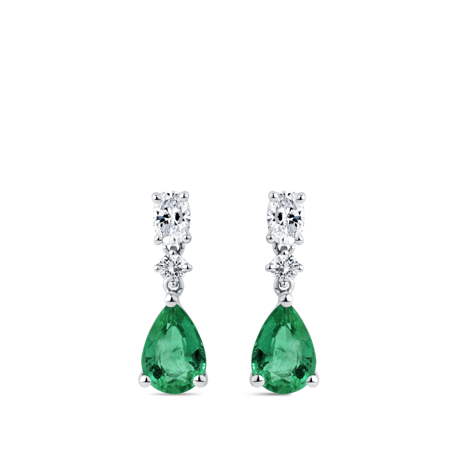 Hardy Brothers Jewellers | Pear Cut Emerald and Diamond Drop Earrings in 18ct White Gold