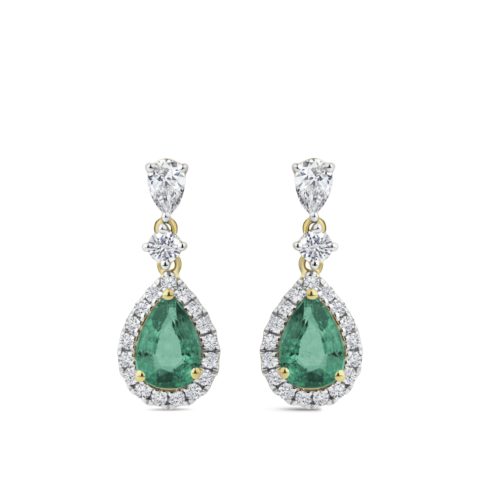 Hardy Brothers Jewellers | Pear Cut Emerald and Diamond Halo Drop Earrings in 18ct Yellow and White Gold