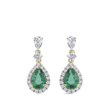 Pear Cut Emerald and Diamond Halo Drop Earrings in 18ct Yellow and White Gold Hardy Brothers Jewellers