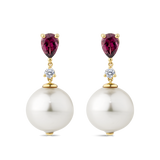 Australian South Sea Pearl Tourmaline and Diamond Drop Earrings in 18ct Yellow Gold Hardy Brothers Jewellers
