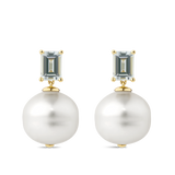 Australian South Sea Pearl and Aquamarine Drop Earrings in 18ct Yellow Gold Hardy Brothers Jewellers
