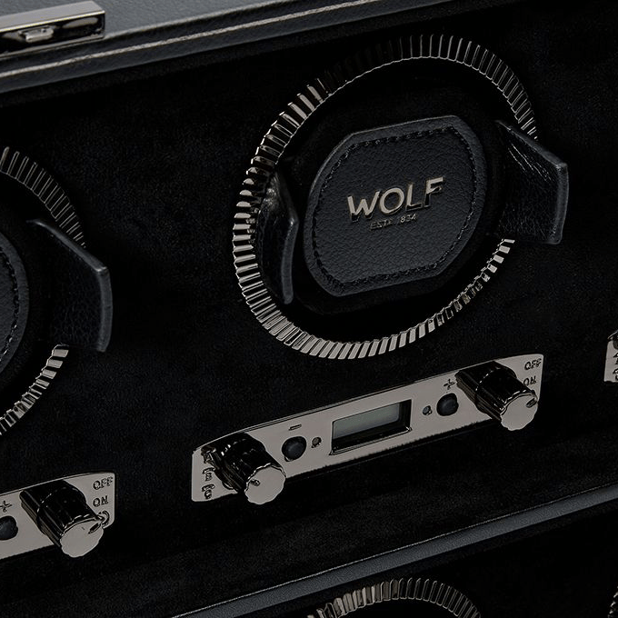 WOLF 1834 British Racing Black 8 Piece Watch Winder | Hardy Brothers Jewellers