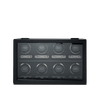WOLF British Racing 8 Piece Watch Winder in Black, item 792502, shown from the front with the cover closed. Eight automatic watches sit in individual winding modules behind the tempered glass window.Jewellers