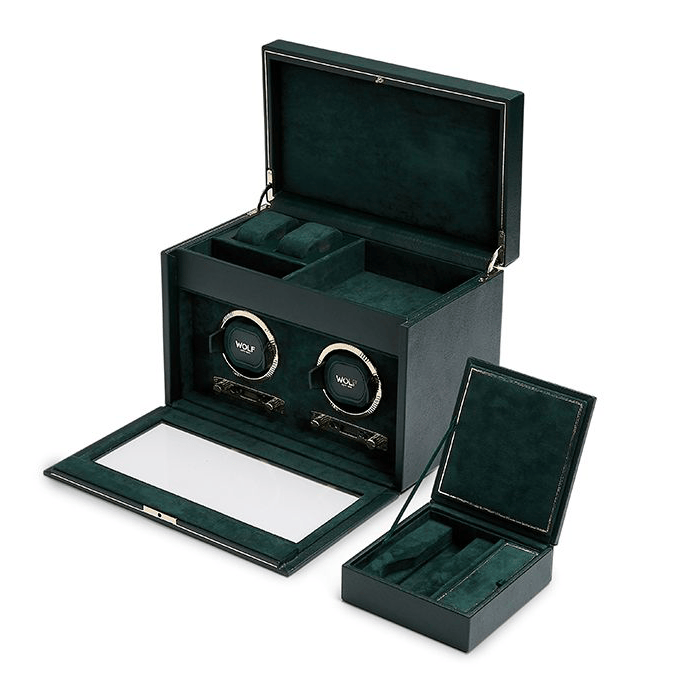 WOLF 1834 British Racing Green Double Watch Winder with Storage | Hardy Brothers Jewellers