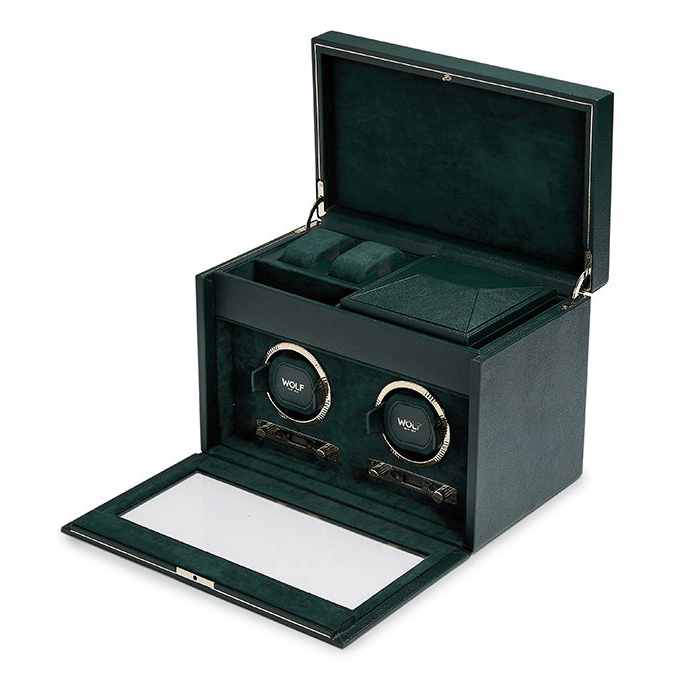 WOLF 1834 British Racing Green Double Watch Winder with Storage | Hardy Brothers Jewellers