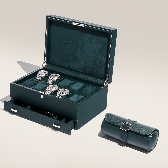 WOLF 1834 British Racing Green Triple Watch Roll | Hardy Brothers Jewellers