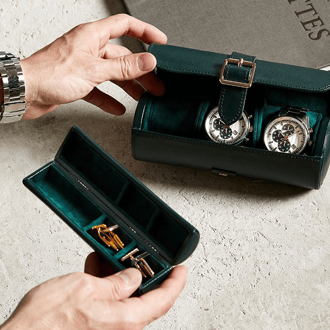 WOLF 1834 British Racing Green Triple Watch Roll | Hardy Brothers Jewellers