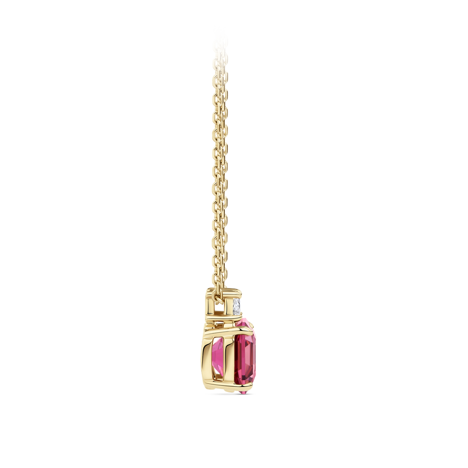 Asscher Cut Raspberry Tourmaline and Diamond Pendant in 18ct Yellow Gold Hardy Brothers Jewellers