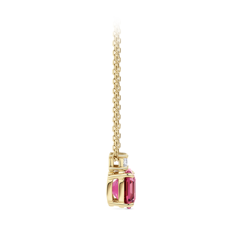 Asscher Cut Raspberry Tourmaline and Diamond Pendant in 18ct Yellow Gold Hardy Brothers Jewellers