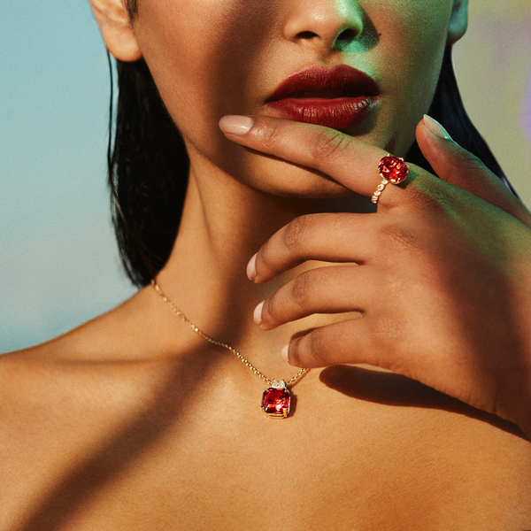 Asscher Cut Raspberry Tourmaline and Diamond Pendant in 18ct Yellow Gold Hardy Brothers Jewellers