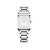 Front-facing view of the Baume & Mercier Hampton M0A10740 men's watch, featuring a clean opaline white dial with grey minute line, rhodium-plated riveted numerals and indexes, sword-shaped hands, polished rectangular stainless steel case, and a matching polished and satin-finished 3-row integrated stainless steel bracelet.