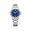 Front-facing view of the Baume & Mercier Riviera M0A10727 ladies' watch, featuring an azure blue sun satin-finished dial with transparent wave transfer décor, riveted rhodium-plated Roman numerals and indexes with blue SuperLuminova, faceted rhodium-plated hands, date window at 3 o'clock, polished twelve-sided stainless steel case, and a matching integrated polished and satin-finished stainless steel bracelet.