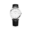 Front-facing view of the Baume & Mercier Classima M0A10323 men's watch, featuring a clean white dial with Roman numerals, rhodium-plated leaf hands, date window at 3 o'clock, polished stainless steel case, and a black leather strap.