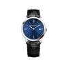 Front-facing view of the Baume & Mercier Classima M0A10324 men's watch, featuring a blue sun satin-finished dial with Roman numerals, rhodium-plated leaf hands, date window at 3 o'clock, polished stainless steel case, and a black leather strap.