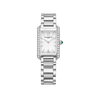 Front-facing view of the Baume & Mercier Hampton M0A10631 ladies' watch, featuring a white dial with Arabic numerals at 6 and 12 o'clock, silver-tone sword-shaped hands, diamond-set case sides, green chrysoprase cabochon-set crown, polished rectangular stainless steel case, and a matching polished stainless steel bracelet.