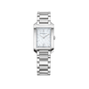 Front-facing view of the Baume & Mercier Hampton M0A10474 ladies' watch, featuring a shimmering white mother-of-pearl dial with 4 brilliant-cut diamond-set hour markers, rhodium-plated sword-shaped hands, grey minute track, polished rectangular stainless steel case, and a matching polished and satin-finished 3-row stainless steel bracelet.