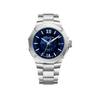 Front-facing view of the Baume & Mercier Riviera M0A10620 men's watch, featuring a blue sun satin-finished dial with wave pattern motif, silver-tone luminescent indexes, Roman numerals at 6 and 12 o'clock, rhodium-plated obelisk-style hands, date window at 3 o'clock, polished dodecagonal stainless steel case with four-screw bezel, and a matching polished and satin-finished stainless steel bracelet.