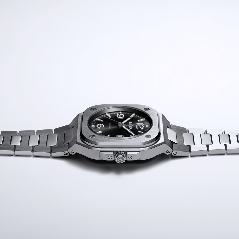 Bell & Ross BR-05 Automatic 40mm Men's Watch, reference BR05A-BL-ST/SST, captured in side profile to highlight the brushed and polished stainless steel case construction. The integrated bracelet design flows seamlessly from the case, a signature of the BR-05 collection.