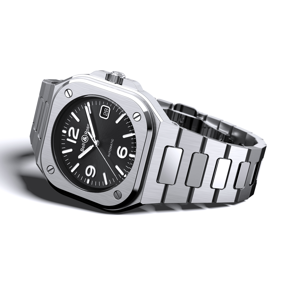 Bell & Ross BR-05 Automatic 40mm Men's Watch, reference BR05A-BL-ST/SST, captured in side profile to highlight the brushed and polished stainless steel case construction. The integrated bracelet design flows seamlessly from the case, a signature of the BR-05 collection.