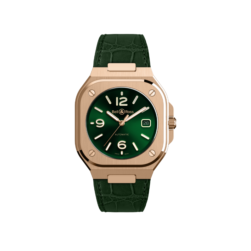 Bell & Ross BR 05 Green & Gold Watch on Alligator Strap Hardy Brothers Jewellers